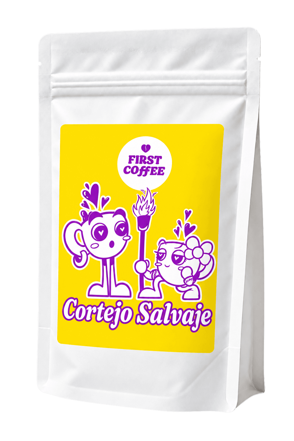 Sobre de 250 g de Cortejo Salvaje, con su etiqueta y los Tazis